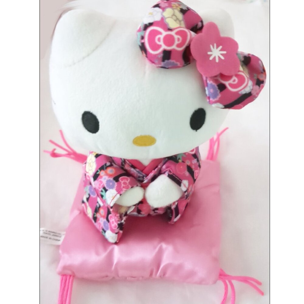 Hello Kitty 8 inch Plush Kimono Sitting Pillow Black Pink Japan Stuffed Toy VTG